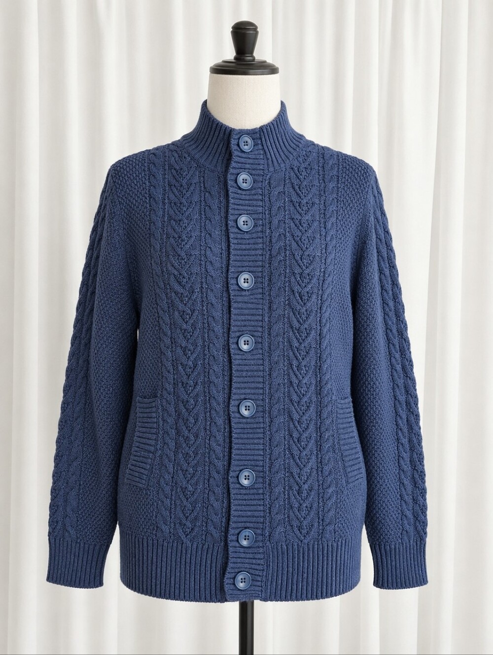 WoolOvers Blue Smoke Organic Cotton Cable Knit Mock Neck Cardigan Sweater